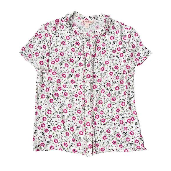 Brooks Brothers Red Fleece Floral White Pink Short Sleeve Flowy Blouse - Size 6 - Picture 1 of 11